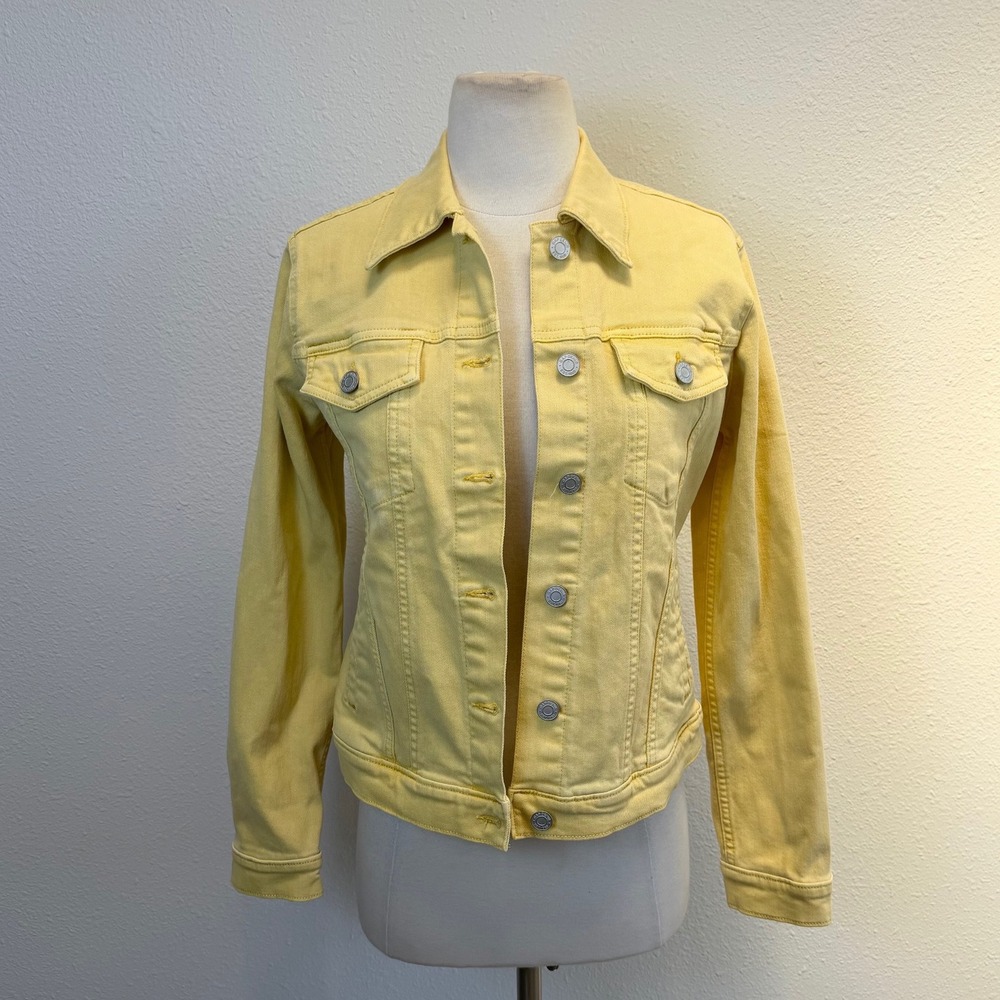 GAP Pastel Yellow Denim Jacket Womens Small Trucker Summer Faded Stretchy